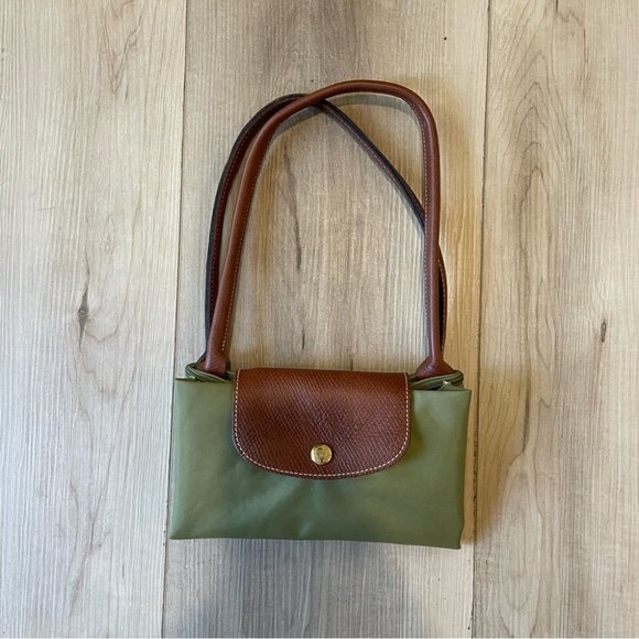Longchamp Le Pilage Tote Shoulder Bag Purse Green-Brown “Lichen” Leather-Medium - Picture 10 of 10